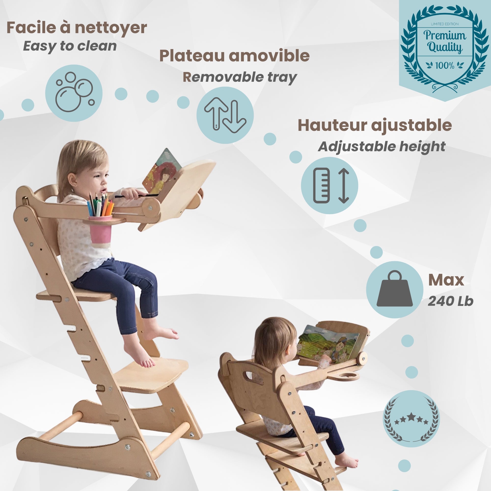 Chaise haute évolutive avec plateau amovible + attache